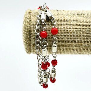 Silver Tone Triple Chain Bracelet with Red Bead Accents Layered Link Jewelry
